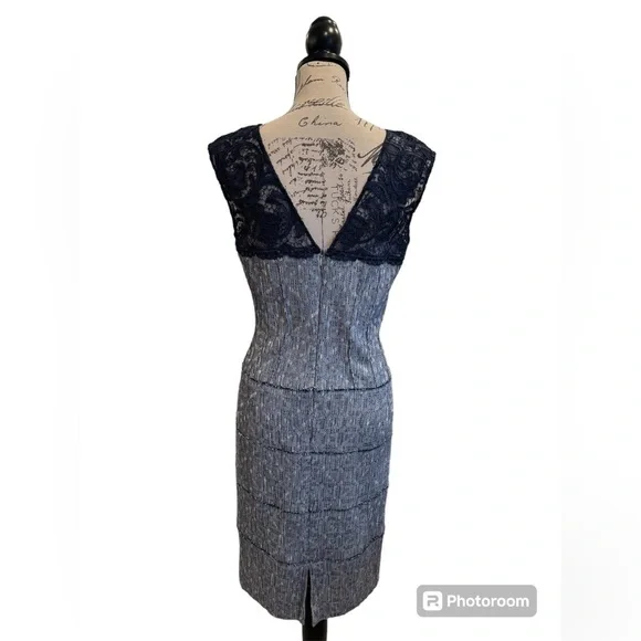 Kay Unger Sheath Dress Navy Blue Lace and Pewter Tweed Womens Size 12 - Picture 4 of 16